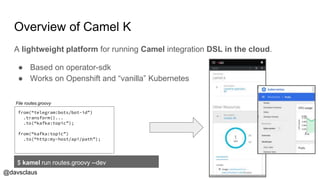 @davsclaus
Overview of Camel K
A lightweight platform for running Camel integration DSL in the cloud.
● Based on operator-sdk
● Works on Openshift and “vanilla” Kubernetes
$ kamel run routes.groovy --dev
from(“telegram:bots/bot-id”)
.transform()...
.to(“kafka:topic”);
from(“kafka:topic”)
.to(“http:my-host/api/path”);
File routes.groovy
 