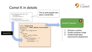 Camel K in details
kind: Integration
apiVersion: camel.apache.org/v1alpha1
metadata:
name: my-integration
spec:
sources:
- name: source.groovy
content: |-
from(“telegram:...”)
.transform()...
.to(“kafka:...”)
from(“telegram:bots/bot-id”)
.transform()...
.to(“kafka:topic”);
from(“kafka:topic”)
.to(“http:my-host/api/path”);
This is what people care
about: Camel DSL
Camel K Operator
1. Choose a runtime
2. Create container image
3. Create Kubernetes
resources for deployment
kamel CLI
 