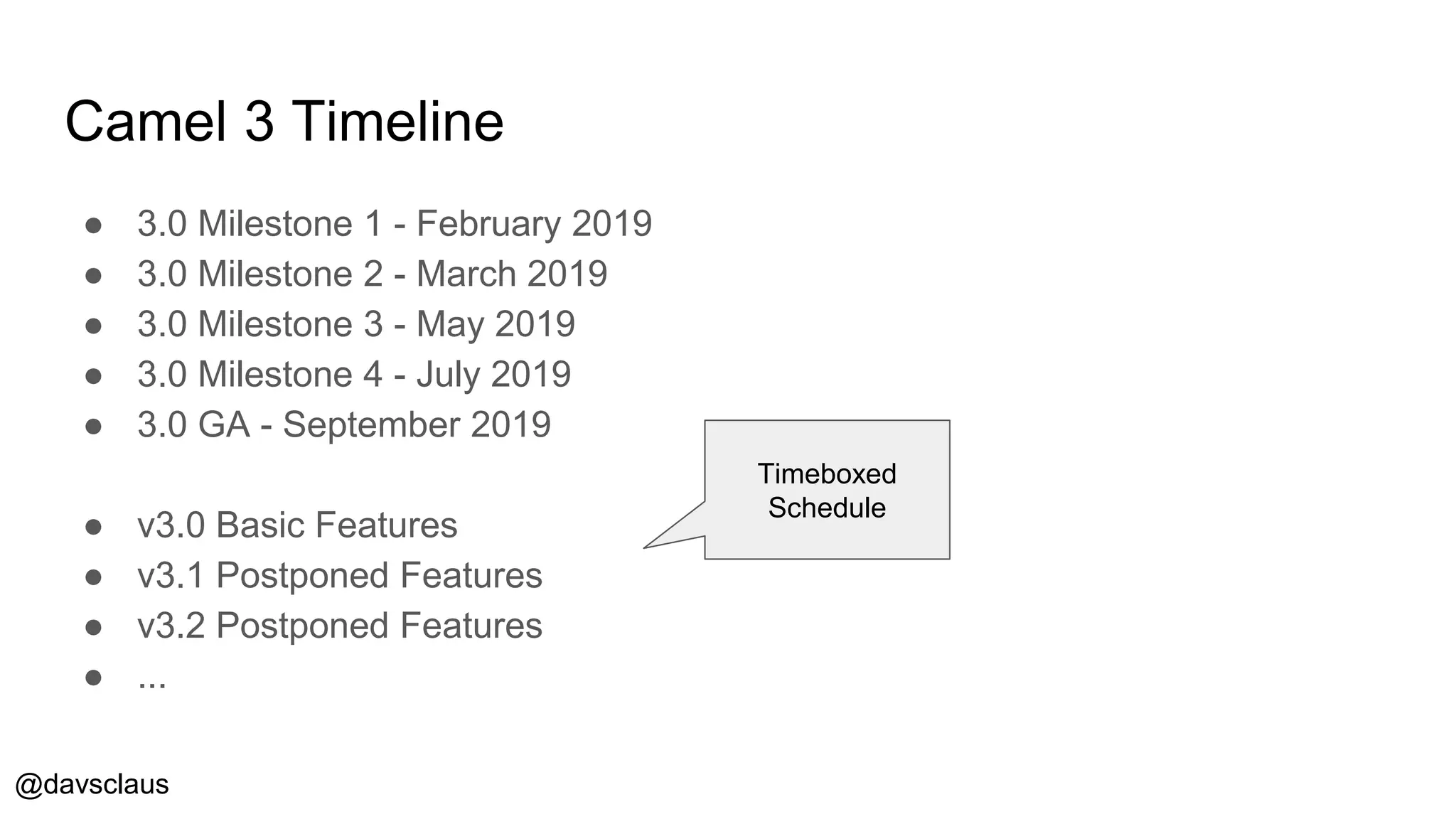 @davsclaus
Camel 3 Timeline
● 3.0 Milestone 1 - February 2019
● 3.0 Milestone 2 - March 2019
● 3.0 Milestone 3 - May 2019
● 3.0 Milestone 4 - July 2019
● 3.0 GA - September 2019
● v3.0 Basic Features
● v3.1 Postponed Features
● v3.2 Postponed Features
● ...
Timeboxed
Schedule
 