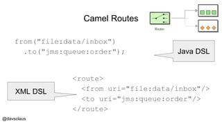 @davsclaus
Camel Routes
from("file:data/inbox")
.to("jms:queue:order");
<route>
<from uri="file:data/inbox"/>
<to uri="jms:queue:order"/>
</route>
Java DSL
XML DSL
 