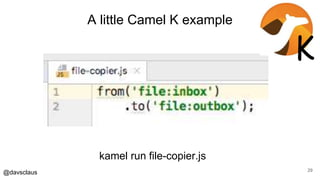 @davsclaus 29
kamel run file-copier.js
K
A little Camel K example
 
