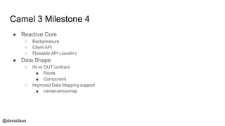 @davsclaus
Camel 3 Milestone 4
● Reactive Core
○ Backpressure
○ Client API
○ Flowable API (Java9+)
● Data Shape
○ IN vs OUT contract
■ Route
■ Component
○ Improved Data Mapping support
■ camel-atmasmap
 
