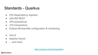 @davsclaus
Standards - Quarkus
● CDI Dependency Injection
● JAX-RS REST
● JPA persistence
● JTA transactions
● Eclipse Microprofile configuration & monitoring
● Vert.X
● Apache Camel
● ... and more
https://quarkus.io/vision/standards
 