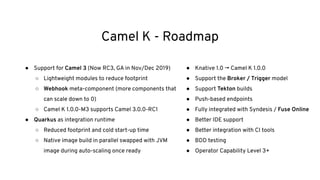 Camel K - Roadmap
● Support for Camel 3 (Now RC3, GA in Nov/Dec 2019)
○ Lightweight modules to reduce footprint
○ Webhook meta-component (more components that
can scale down to 0)
○ Camel K 1.0.0-M3 supports Camel 3.0.0-RC1
● Quarkus as integration runtime
○ Reduced footprint and cold start-up time
○ Native image build in parallel swapped with JVM
image during auto-scaling once ready
● Knative 1.0 → Camel K 1.0.0
● Support the Broker / Trigger model
● Support Tekton builds
● Push-based endpoints
● Fully integrated with Syndesis / Fuse Online
● Better IDE support
● Better integration with CI tools
● BDD testing
● Operator Capability Level 3+
 