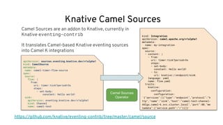 Knative Camel Sources
Camel Sources are an addon to Knative, currently in
Knative eventing-contrib
It translates Camel-based Knative eventing sources
into Camel K integrations
https://github.com/knative/eventing-contrib/tree/master/camel/source
apiVersion: sources.eventing.knative.dev/v1alpha1
kind: CamelSource
metadata:
name: camel-timer-flow-source
spec:
source:
flow: |
from:
uri: timer:tick?period=3s
steps:
- set-body:
constant: Hello world!
sink:
apiVersion: eventing.knative.dev/v1alpha1
kind: Channel
name: camel-test
kind: Integration
apiVersion: camel.apache.org/v1alpha1
metadata:
name: my-integration
spec:
source:
- content: |
- from:
uri: timer:tick?period=3s
steps:
- set-body:
constant: Hello world!
- to:
uri: knative://endpoint/sink
language: yaml
name: flow.yaml
traits:
knative:
configuration:
configuration:
'{"services":[{"type":"endpoint","protocol":"h
ttp","name":"sink","host":"camel-test-channel-
4dlgs.camel-k.svc.cluster.local","port":80,"me
tadata":{"service.path":"/"}}]}'
Camel Sources
Operator
 