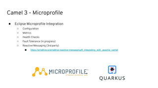 Camel 3 - Microproﬁle
● Eclipse Microproﬁle Integration
○ Conﬁguration
○ Metrics
○ Health Checks
○ Fault Tolerance (in progress)
○ Reactive Messaging (3rd party)
■ https://smallrye.io/smallrye-reactive-messaging/#_integrating_with_apache_camel
 