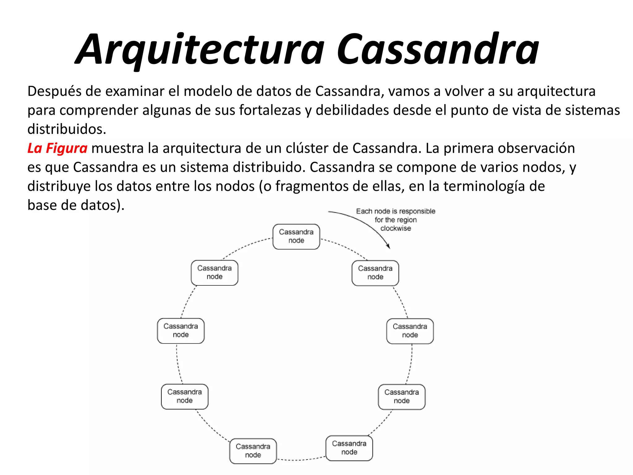 Arquitectura Cassandra
Después de examinar el modelo de datos de Cassandra, vamos a volver a su arquitectura
para comprender algunas de sus fortalezas y debilidades desde el punto de vista de sistemas
distribuidos.
La Figura muestra la arquitectura de un clúster de Cassandra. La primera observación
es que Cassandra es un sistema distribuido. Cassandra se compone de varios nodos, y
distribuye los datos entre los nodos (o fragmentos de ellas, en la terminología de
base de datos).

 