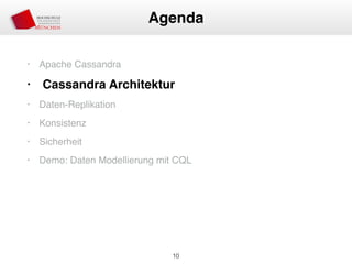 • Apache Cassandra
• Cassandra Architektur
• Daten-Replikation
• Konsistenz
• Sicherheit
• Demo: Daten Modellierung mit CQL
10
Agenda
 