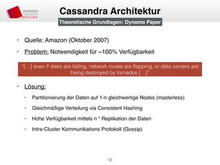 • Quelle: Amazon (Oktober 2007)
• Problem: Notwendigkeit für ~100% Verfügbarkeit
• Lösung:
• Partitionierung der Daten auf 1-n gleichwertige Nodes (masterless)
• Gleichmäßige Verteilung via Consistent Hashing
• Hohe Verfügbarkeit mittels n * Replikation der Daten
• Intra-Cluster Kommunikations Protokoll (Gossip)
12
Cassandra Architektur
“[…] even if disks are failing, network routes are ﬂapping, or data centers are
being destroyed by tornados […]”
Theoretische Grundlagen: Dynamo Paper
 