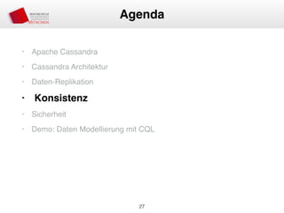 • Apache Cassandra
• Cassandra Architektur
• Daten-Replikation
• Konsistenz
• Sicherheit
• Demo: Daten Modellierung mit CQL
27
Agenda
 