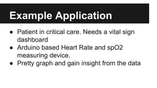 Example Application
● Patient in critical care. Needs a vital sign
dashboard
● Arduino based Heart Rate and spO2
measuring device.
● Pretty graph and gain insight from the data
 