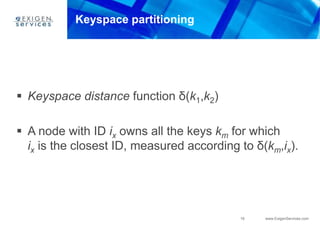 19 www.ExigenServices.com
Keyspace partitioning
 Keyspace distance function δ(k1,k2)
 A node with ID ix owns all the keys km for which
ix is the closest ID, measured according to δ(km,ix).
 