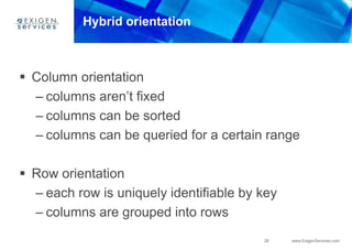 28 www.ExigenServices.com
Hybrid orientation
 Column orientation
– columns aren’t fixed
– columns can be sorted
– columns can be queried for a certain range
 Row orientation
– each row is uniquely identifiable by key
– columns are grouped into rows
 