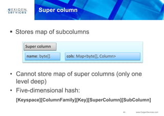 44 www.ExigenServices.com
Super column
Super column
name: byte[] cols: Map<byte[], Column>
• Cannot store map of super columns (only one
level deep)
• Five-dimensional hash:
[Keyspace][ColumnFamily][Key][SuperColumn][SubColumn]
 Stores map of subcolumns
 