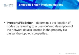 30 www.ExigenServices.com
Endpoint Snitch Implementations
 PropertyFileSnitch - determines the location of
nodes by referring to a user-defined description of
the network details located in the property file
cassandra-topology.properties.
 