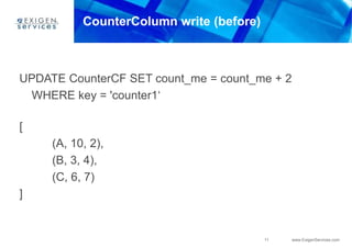 11 www.ExigenServices.com
CounterColumn write (before)
UPDATE CounterCF SET count_me = count_me + 2
WHERE key = 'counter1‘
[
(A, 10, 2),
(B, 3, 4),
(C, 6, 7)
]
 
