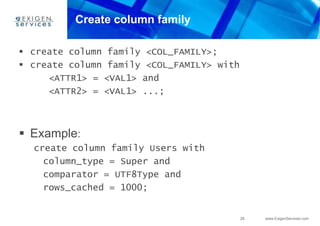 29 www.ExigenServices.com
Create column family
 create column family <COL_FAMILY>;
 create column family <COL_FAMILY> with
<ATTR1> = <VAL1> and
<ATTR2> = <VAL1> ...;
 Example:
create column family Users with
column_type = Super and
comparator = UTF8Type and
rows_cached = 1000;
 
