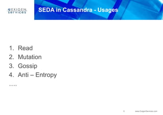 5 www.ExigenServices.com
SEDA in Cassandra - Usages
1. Read
2. Mutation
3. Gossip
4. Anti – Entropy
….
 