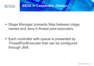 6 www.ExigenServices.com
SEDA in Cassandra - Design
 Stage Manager presents Map between stage
names and Java 5 thread pool executers.
 Each controller with queue is presented by
ThreadPoolExecuter that can be configured
through JMX.
 