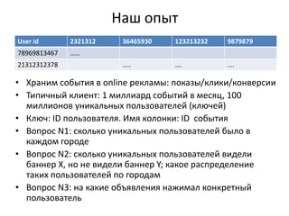 Наш опытХраним события в online рекламы: показы/клики/конверсииТипичный клиент: 1 миллиард событий в месяц, 100 миллионов уникальных пользователей (ключей)Ключ: ID пользователя. Имя колонки:ID  событияВопрос N1: сколько уникальных пользователей было в каждом городеВопрос N2: сколько уникальных пользователей видели баннер X, но не видели баннер Y; какое распределение таких пользователей по городамВопрос N3: на какие объявления нажимал конкретный пользователь