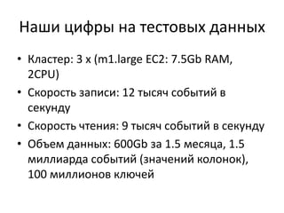 Наши цифры на тестовых данныхКластер: 3 x (m1.large EC2: 7.5Gb RAM, 2CPU)Скорость записи: 12тысяч событий в секундуСкорость чтения: 9 тысяч событий в секундуОбъем данных: 600Gb за 1.5 месяца, 1.5 миллиарда событий (значений колонок), 100 миллионов ключей