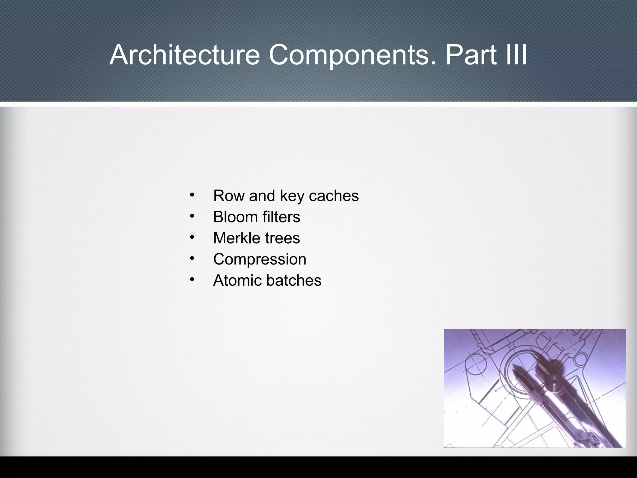 Architecture Components. Part III

•
•
•
•
•

Row and key caches
Bloom filters
Merkle trees
Compression
Atomic batches

 
