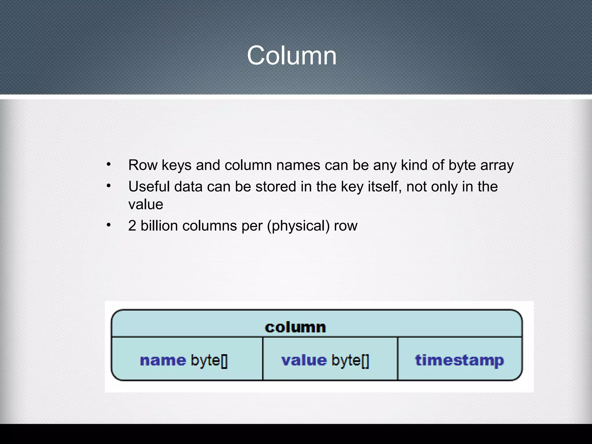 Column

•
•
•

Row keys and column names can be any kind of byte array
Useful data can be stored in the key itself, not only in the
value
2 billion columns per (physical) row

 