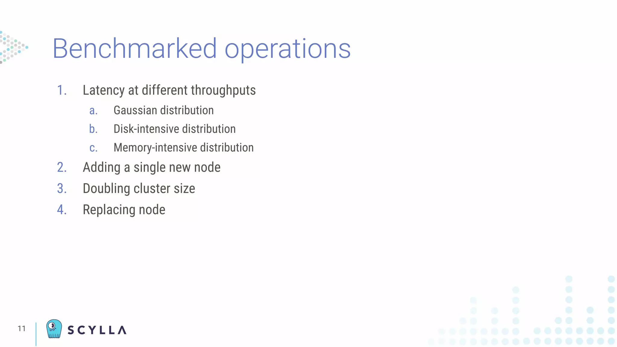 11
1. Latency at different throughputs
a. Gaussian distribution
b. Disk-intensive distribution
c. Memory-intensive distribution
2. Adding a single new node
3. Doubling cluster size
4. Replacing node
Benchmarked operations
 