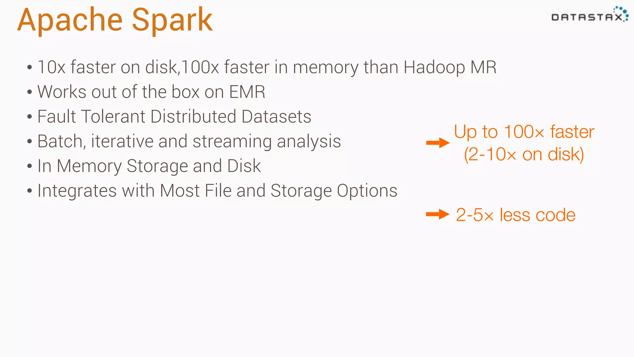 Apache Spark 
• 10x faster on disk,100x faster in memory than Hadoop MR 
• Works out of the box on EMR 
• Fault Tolerant Distributed Datasets 
• Batch, iterative and streaming analysis 
• In Memory Storage and Disk 
• Integrates with Most File and Storage Options 
Up to 100× faster 
(2-10× on disk) 
2-5× less code 
 