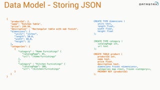 Data Model - Storing JSON 
{ 
"productId": 2, 
"name": "Kitchen Table", 
"price": 249.99, 
"description" : "Rectangular table with oak finish", 
"dimensions": { 
"units": "inches", 
"length": 50.0, 
"width": 66.0, 
"height": 32 
}, 
"categories": { 
{ 
"category" : "Home Furnishings" { 
"catalogPage": 45, 
"url": "/home/furnishings" 
}, 
{ 
"category" : "Kitchen Furnishings" { 
"catalogPage": 108, 
"url": "/kitchen/furnishings" 
} 
} 
} 
CREATE TYPE dimensions ( 
units text, 
length float, 
width float, 
height float 
); 
CREATE TYPE category ( 
catalogPage int, 
url text 
); 
CREATE TABLE product ( 
productId int, 
name text, 
price float, 
description text, 
dimensions frozen <dimensions>, 
categories map <text, frozen <category>>, 
PRIMARY KEY (productId) 
); 
 