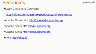 Resources 
•Spark Cassandra Connector 
https://github.com/datastax/spark-cassandra-connector 
•Apache Cassandra http://cassandra.apache.org 
•Apache Spark http://spark.apache.org 
•Apache Kafka http://kafka.apache.org 
•Akka http://akka.io 
Analytic 
Analytic 
 