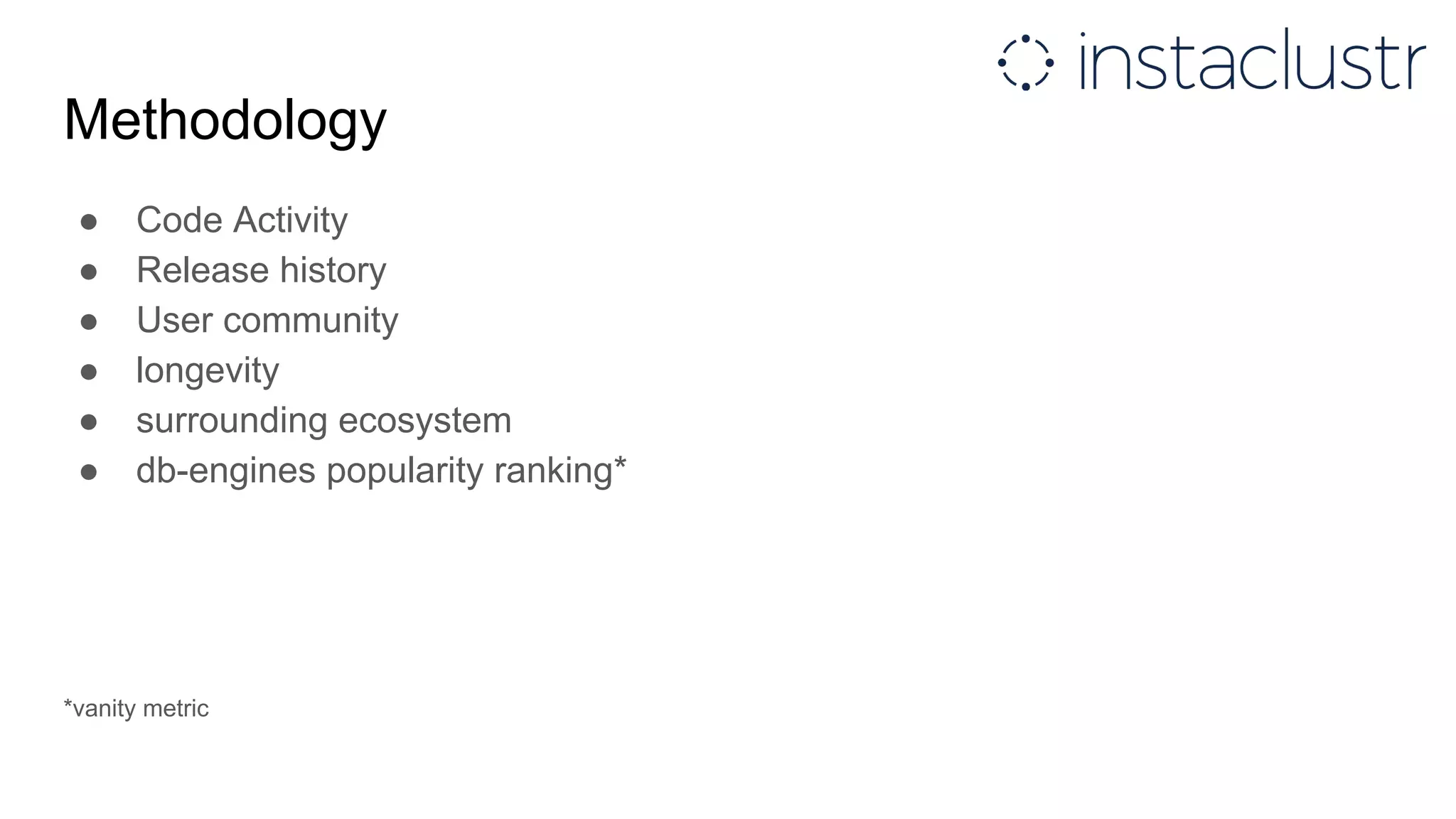 Methodology
● Code Activity
● Release history
● User community
● longevity
● surrounding ecosystem
● db-engines popularity ranking*
*vanity metric
 