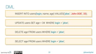@doanduyhai
DML
22
INSERT INTO users(login, name, age) VALUES('jdoe', 'John DOE', 33);
UPDATE users SET age = 34 WHERE login = 'jdoe';
DELETE age FROM users WHERE login = 'jdoe';
SELECT age FROM users WHERE login = 'jdoe';
 