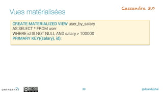 @doanduyhai
Vues matérialisées
30
CREATE MATERIALIZED VIEW user_by_salary
AS SELECT * FROM user
WHERE id IS NOT NULL AND salary > 100000
PRIMARY KEY((salary), id);
Cassandra 3.0
 