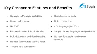 Key Cassandra Features and Benefits
● Gigabyte to Petabyte scalability
● Linear performance
● No SPOF
● Easy replication / data distribution
● Multi datacenter and cloud capable
● No need for separate caching layer
● Tunable data consistency
● Flexible schema design
● Data compaction
● CQL language (like SQL)
● Support for key languages and platforms
● No need for special hardware or
software
 