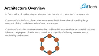 Architecture Overview
In Cassandra, all nodes play an identical role; there is no concept of a master node.
Cassandra’s built-for-scale architecture means that it is capable of handling large
amounts of data and thousands of concurrent users.
Cassandra’s architecture also means that, unlike other master-slave or sharded systems,
it has no single point of failure and therefore is capable of offering true continuous
availability and uptime.
 
