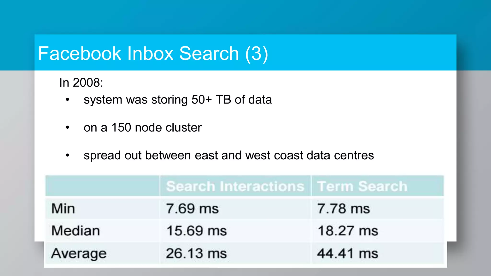 Facebook Inbox Search (3) In 2008: • system was storing 50+ TB of data • on a 150 node cluster • spread out between east and west coast data centres Performance: 