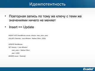 Идемпотентность
• Повторная запись по тому же ключу c теми же
значениями ничего не меняет
• Insert == Update
INSERT INTO NerdMovies (movie, director, main_actor, year)
VALUES ('Serenity', 'Joss Whedon', 'Nathan Fillion', 2005);
UPDATE NerdMovies
SET director = 'Joss Whedon',
main_actor = 'Nathan Fillion',
year = 2005
WHERE movie = 'Serenity';
 