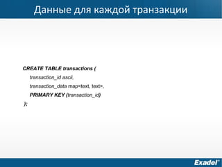 Данные для каждой транзакции
CREATE TABLE transactions (
transaction_id ascii,
transaction_data map<text, text>,
PRIMARY KEY (transaction_id)
);
 