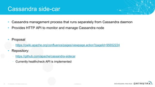 Cassandra side-car
• Cassandra management process that runs separately from Cassandra daemon
• Provides HTTP API to monitor and manage Cassandra node
• Proposal
– https://cwiki.apache.org/confluence/pages/viewpage.action?pageId=95652224
• Repository:
– https://github.com/apache/cassandra-sidecar
– Currently healthcheck API is implemented
35 © DataStax, All Rights Reserved. Confidential
 