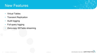 New Features
• Virtual Tables
• Transient Replication
• Audit logging
• Full query logging
• Zero-copy SSTable streaming
6 © DataStax, All Rights Reserved. Confidential
 
