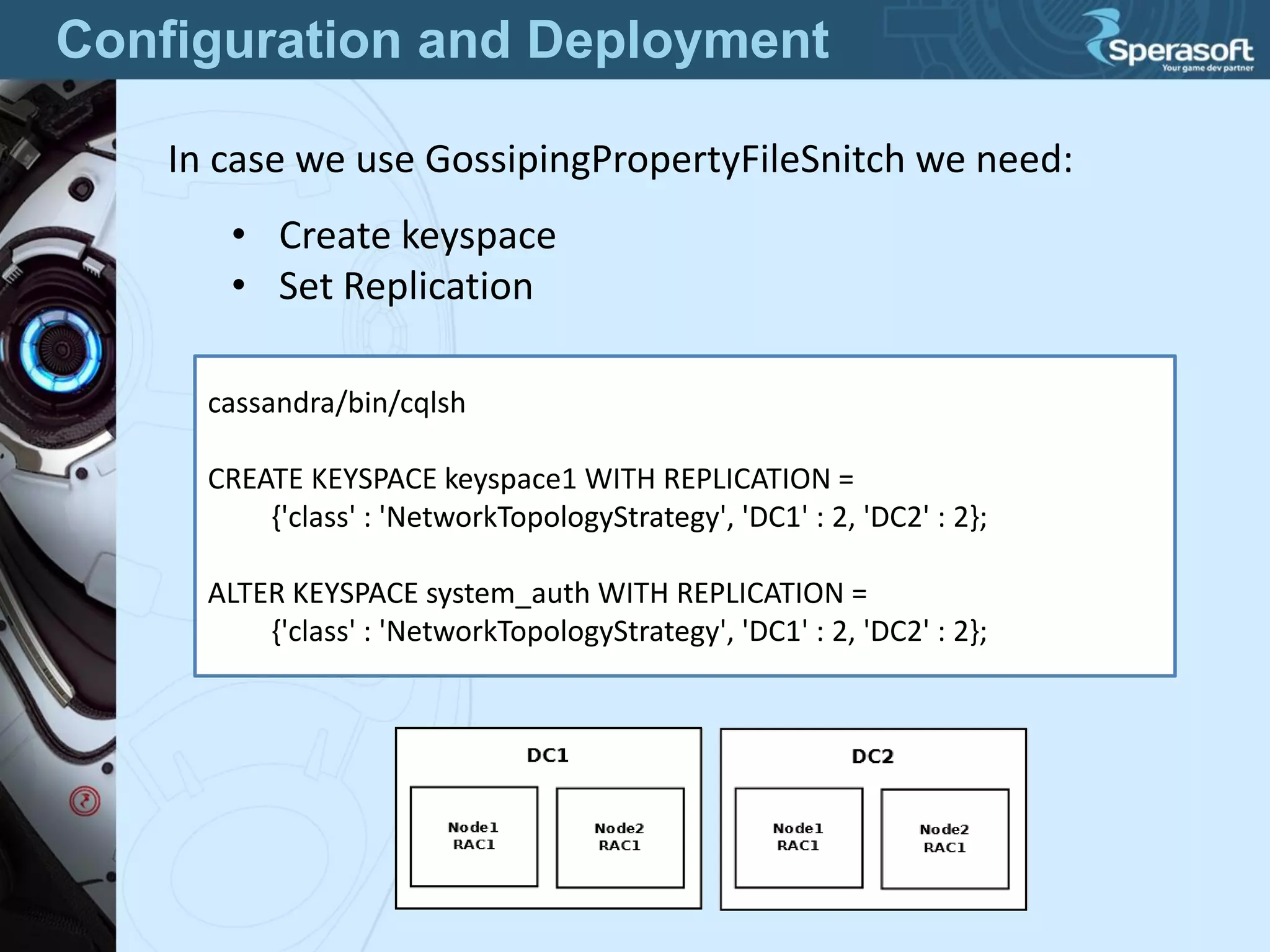 Configuration and Deployment
In case we use GossipingPropertyFileSnitch we need:
• Create keyspace
• Set Replication
cassandra/bin/cqlsh
CREATE KEYSPACE keyspace1 WITH REPLICATION =
{'class' : 'NetworkTopologyStrategy', 'DC1' : 2, 'DC2' : 2};
ALTER KEYSPACE system_auth WITH REPLICATION =
{'class' : 'NetworkTopologyStrategy', 'DC1' : 2, 'DC2' : 2};
 