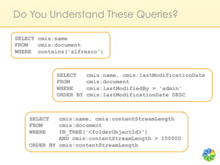 Do You Understand These Queries?

SELECT cmis:name
FROM   cmis:document
WHERE contains('alfresco')



             SELECT     cmis:name, cmis:lastModificationDate
             FROM       cmis:document
             WHERE      cmis:lastModifiedBy = 'admin'
             ORDER BY   cmis:lastModificationDate DESC



    SELECT   cmis:name, cmis:contentStreamLength
    FROM     cmis:document
    WHERE    IN_TREE('<folderObjectId>')
             AND cmis:contentStreamLength > 100000
    ORDER BY cmis:contentStreamLength
 