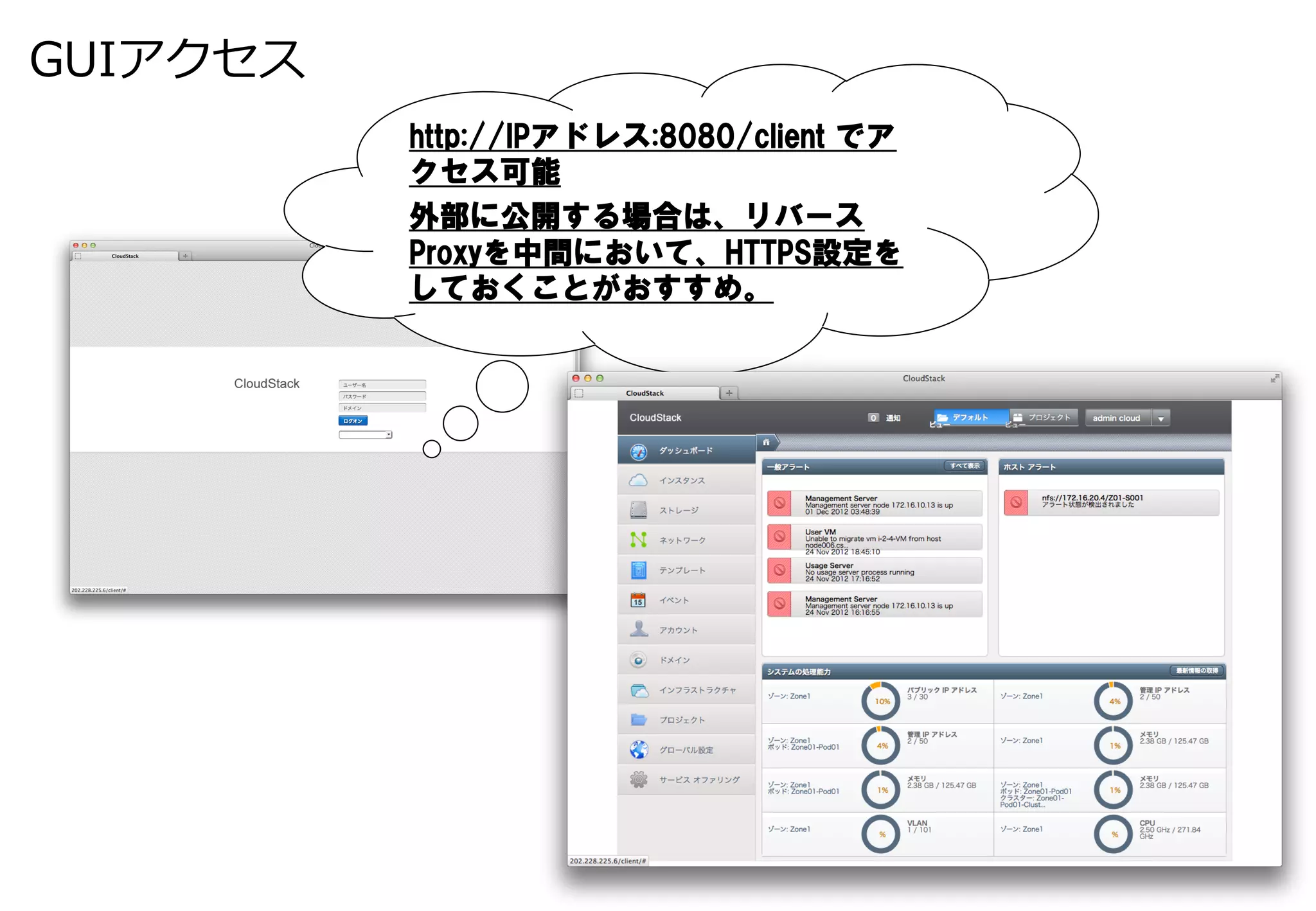 GUIアクセス
          http://IPアドレス:8080/client  でア
          クセス可能
          外部に公開する場合は、リバース
          Proxyを中間において、HTTPS設定を
          しておくことがおすすめ。
 