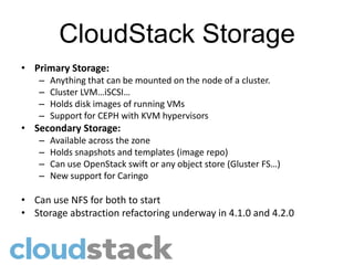 CloudStack Storage
• Primary Storage:
   –   Anything that can be mounted on the node of a cluster.
   –   Cluster LVM…iSCSI…
   –   Holds disk images of running VMs
   –   Support for CEPH with KVM hypervisors
• Secondary Storage:
   –   Available across the zone
   –   Holds snapshots and templates (image repo)
   –   Can use OpenStack swift or any object store (Gluster FS…)
   –   New support for Caringo

• Can use NFS for both to start
• Storage abstraction refactoring underway in 4.1.0 and 4.2.0
 