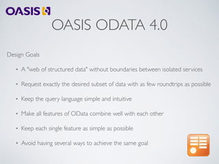 OASIS ODATA 4.0
Design Goals	

• A "web of structured data" without boundaries between isolated services	

• Request exact...