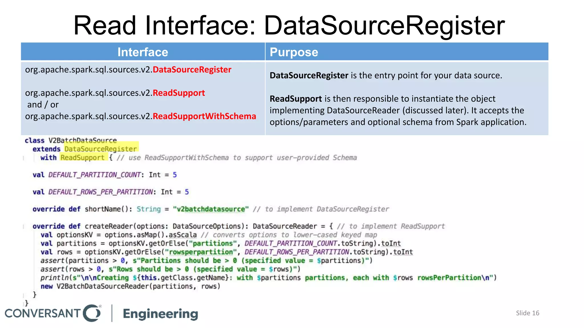 Read Interface: DataSourceRegister
Slide 16
Interface Purpose
org.apache.spark.sql.sources.v2.DataSourceRegister
org.apache.spark.sql.sources.v2.ReadSupport
and / or
org.apache.spark.sql.sources.v2.ReadSupportWithSchema
DataSourceRegister is the entry point for your data source.
ReadSupport is then responsible to instantiate the object
implementing DataSourceReader (discussed later). It accepts the
options/parameters and optional schema from Spark application.
 
