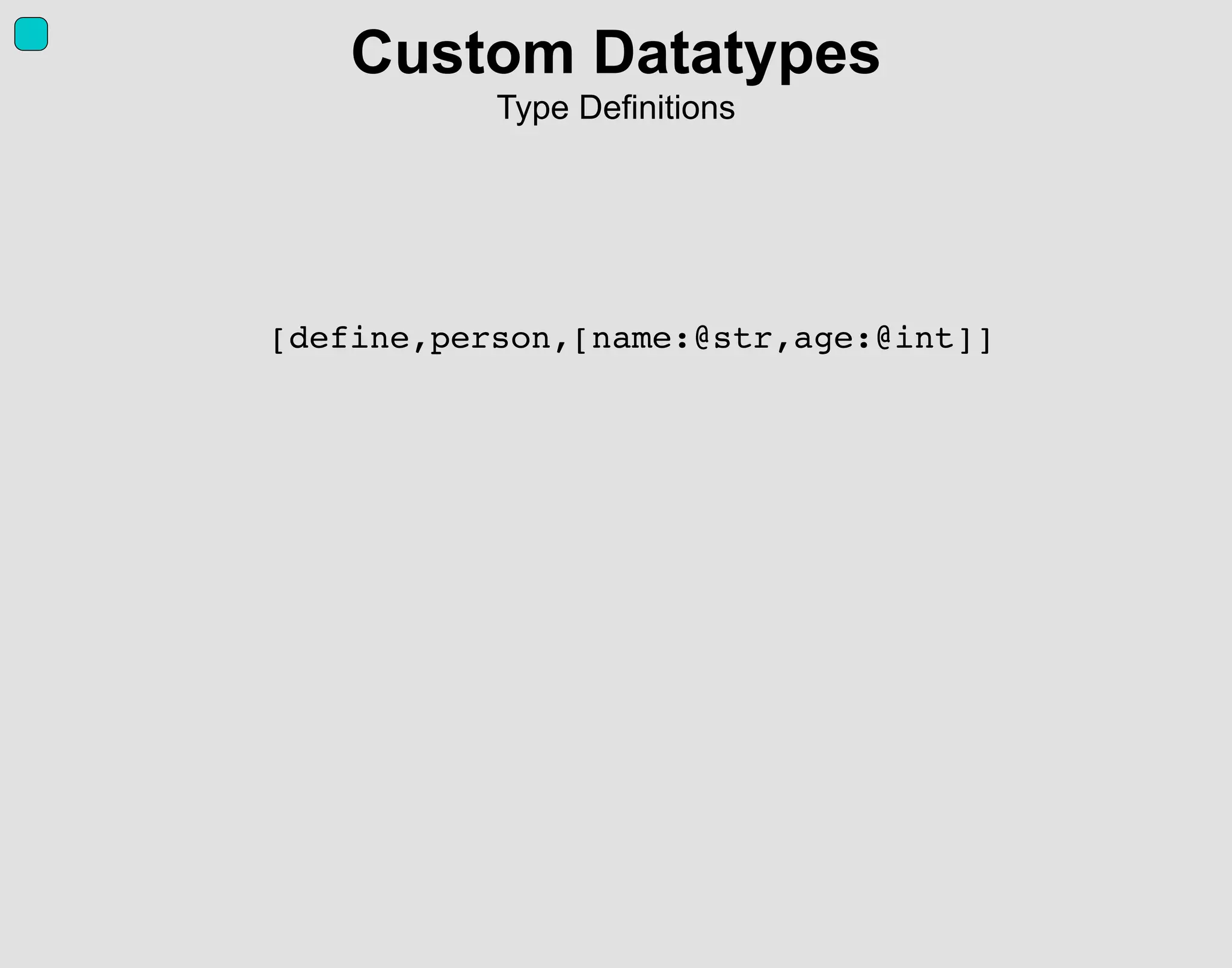 [define,person,[name:@str,age:@int]]
Custom Datatypes
Type Definitions
 