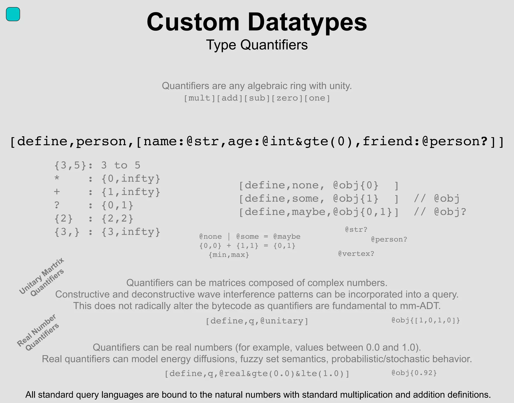 [define,person,[name:@str,age:@int&gte(0),friend:@person?]]
Custom Datatypes
Type Quantifiers
{3,5}: 3 to 5
* : {0,infty}
+ : {1,infty}
? : {0,1}
{2} : {2,2}
{3,} : {3,infty}
All standard query languages are bound to the natural numbers with standard multiplication and addition definitions.
[define,none, @obj{0} ]
[define,some, @obj{1} ] // @obj
[define,maybe,@obj{0,1}] // @obj?
Quantifiers can be matrices composed of complex numbers.
Constructive and deconstructive wave interference patterns can be incorporated into a query.
This does not radically alter the bytecode as quantifiers are fundamental to mm-ADT.
Quantifiers can be real numbers (for example, values between 0.0 and 1.0).
Real quantifiers can model energy diffusions, fuzzy set semantics, probabilistic/stochastic behavior.
Unitary
M
artrix
Quantifiers
Real Num
ber
Quantifiers
Quantifiers are any algebraic ring with unity.
[mult][add][sub][zero][one]
@str?
@person?@none | @some = @maybe
{0,0} + {1,1} = {0,1}
{min,max}
[define,q,@unitary]
@vertex?
[define,q,@real&gte(0.0)&lte(1.0)]
@obj{[1,0,1,0]}
@obj{0.92}
 