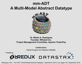 mm-ADT
A Multi-Model Abstract Datatype
Dr. Marko A. Rodriguez
Founder, RReduX Inc.
Project Management Committee, Apache TinkerPop
Rodriguez, M.A., “mm-ADT: A Multi-Model Abstract Datatype,” ApacheCon 2019, Las Vegas, NV, September 2019.
REDUX
RFunded by:
Collaborators
Daniel Kuppitz and Stephen Mallette
 